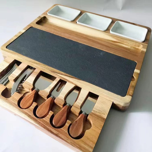 Solid wood Cheese Board set With 6 Piece Stainless Steel Cutlery Set and Stone